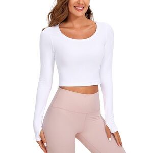 CRZ Yoga Small White Long Sleeve Crop Top Scoop Neck Thumbholes